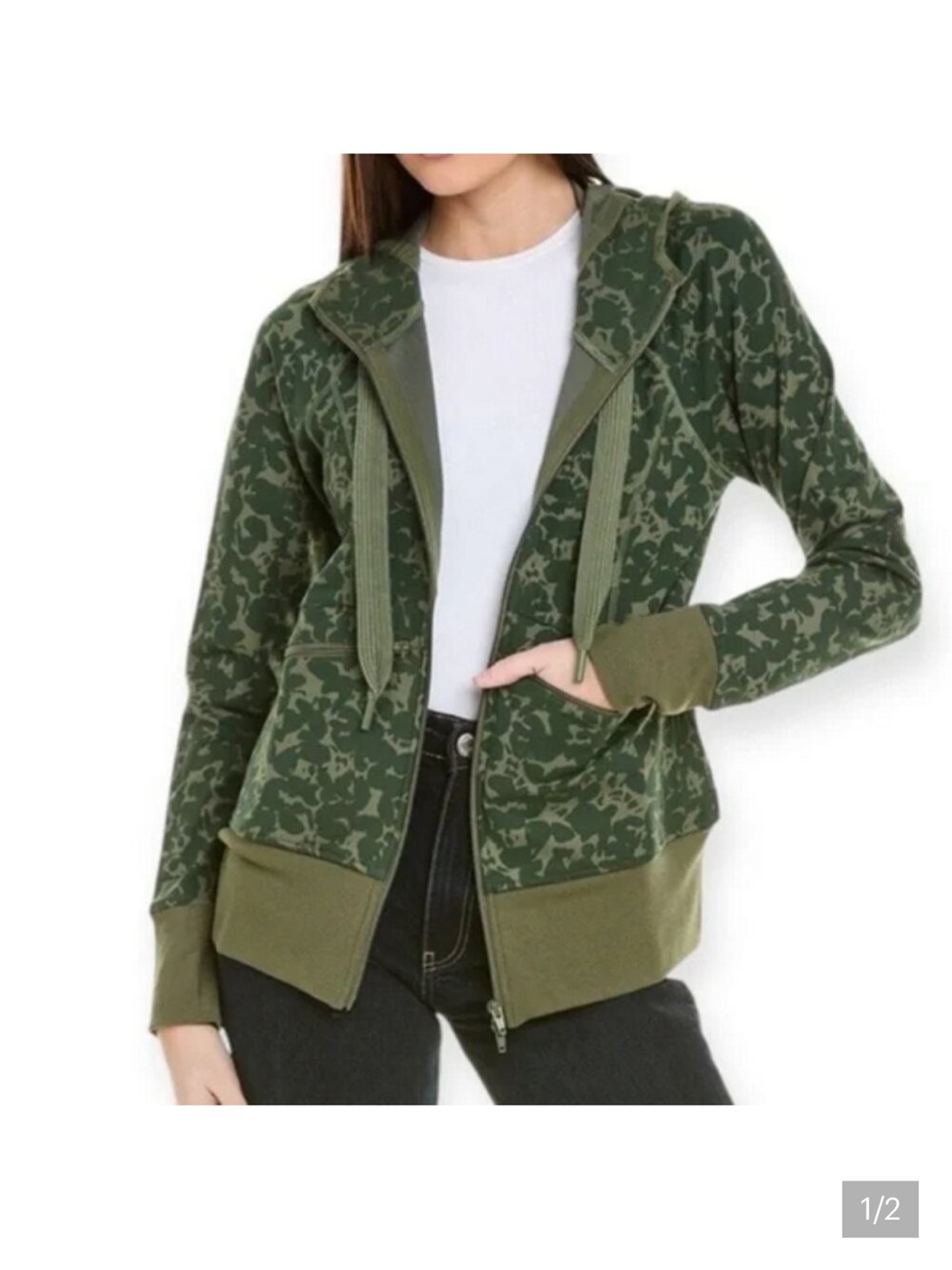 CAbi Olive Green Camo Marathon Printed Zip Hoodie Jacket XL